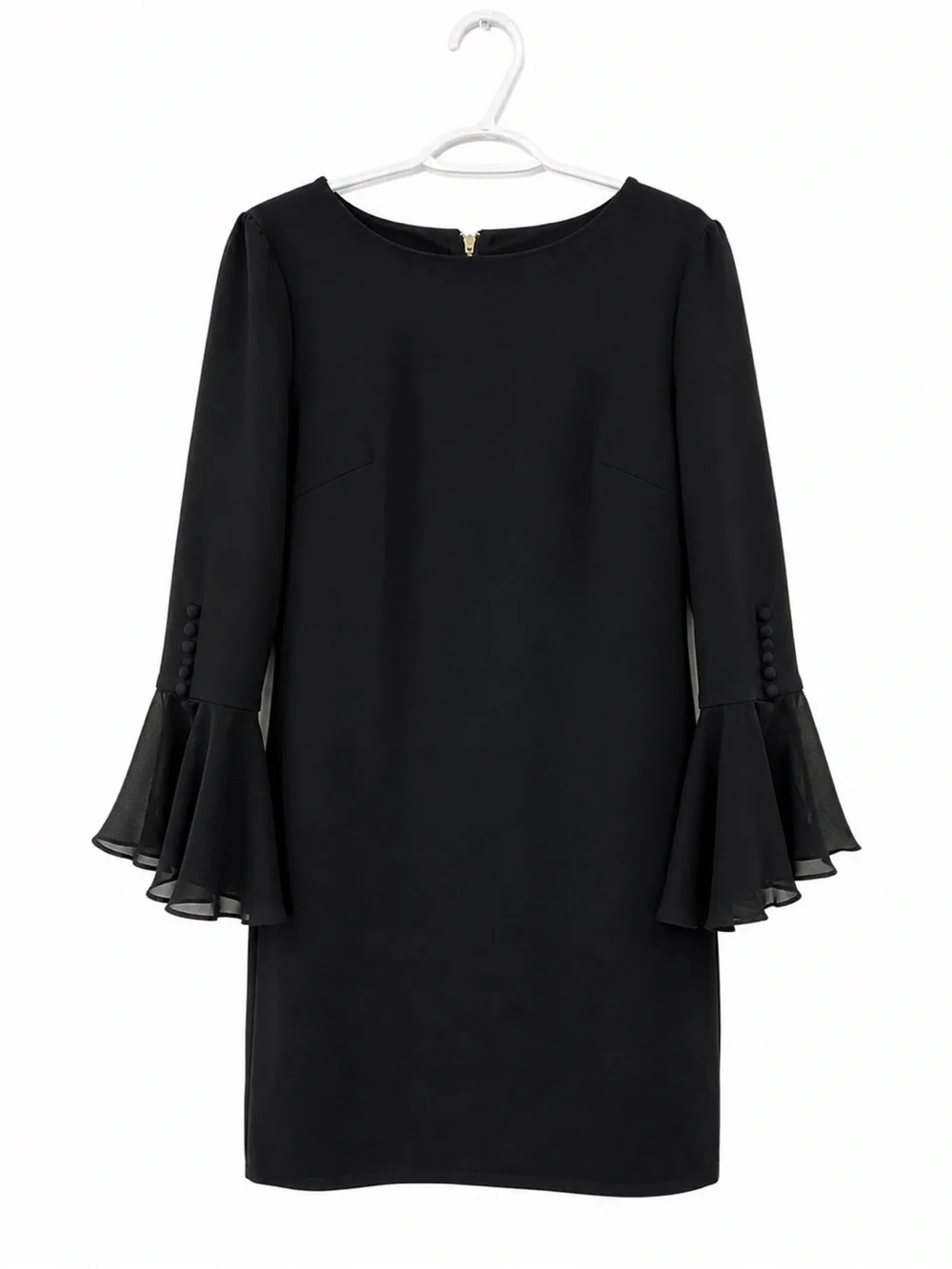 Calvin Klein Black Long Sleeve Shift Dress Layered Bell Cuffs NWT Classic LBD - Picture 2 of 6